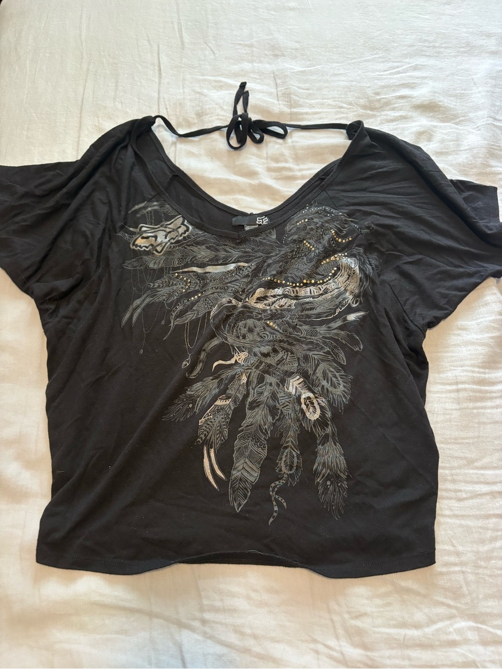 Vintage Off Shoulder Black Feather Graphic Open Back Tie Top